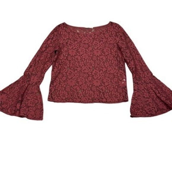 Motel Womens Lace Blouse Bell Sleeves Red S Cropped Whimsigoth Boho Witchy Sheer - Picture 1 of 9